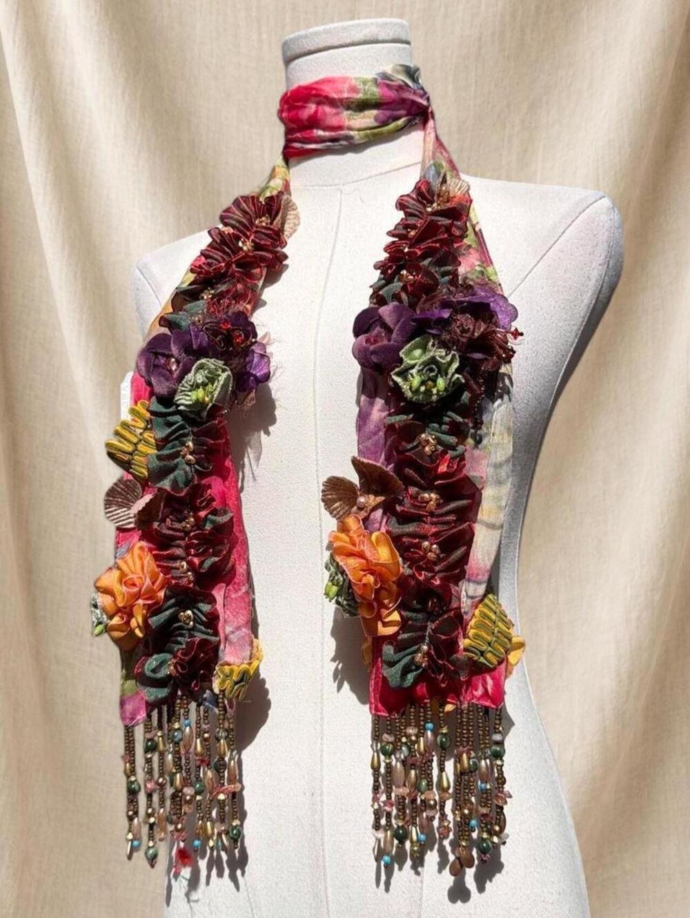 Mary Frances scarf with floral print, floral embellishments with beaded fringe